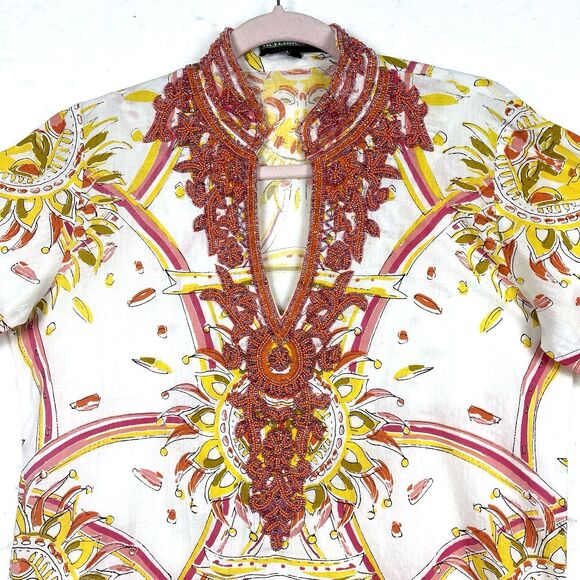 Bohochic Beaded Embellished Tunic  Top Women’s SZ L White Orange Ethnic Festival - Picture 6 of 11